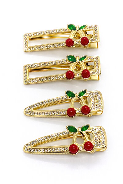 MakeWell Renkli Taşlı Kiraz Gül ve Yaprak Desenli Saç Tokası Altın Renk Dal M...