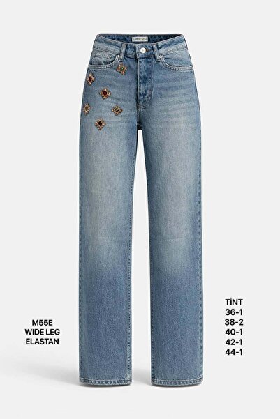 Miss Poem Women's Tint Blue Stone Embroidered Wide Leg Jean Trousers