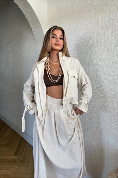 ROYAL'S AURA Melina Keten Kuşaklı Ceket Pileli Midi Etek Takım