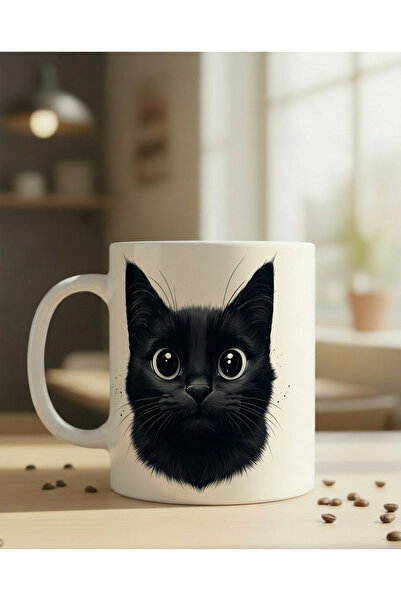 NİVRA GRUP Cute Black Cat Printed Porcelain Coffee Mug 330 Ml.