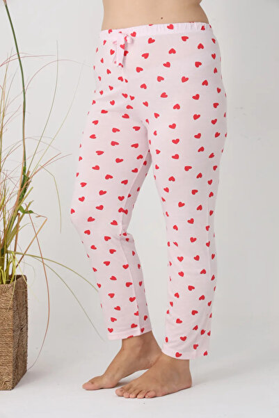 Serena Women's Big Size Pajama Pants, Pink with Red Hearts