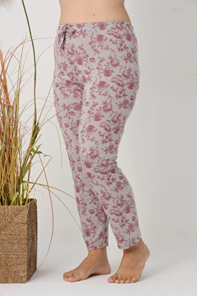 Serena Women's Big Size Pajama Pants, Gray with Cherry Blossoms