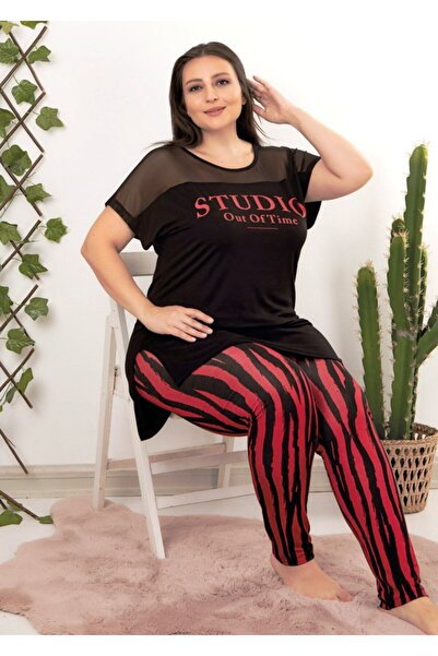 by İGP Black Plus Size Short Sleeve Zebra Patterned Pajama Set