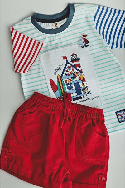 ToffyHouse Sailor Stripe Tee & Red Shorts Set