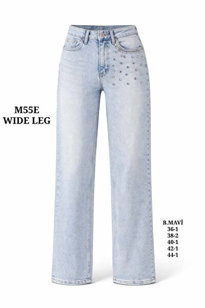 Miss Poem Women's Light Blue Stone Detailed Wide Leg Jean Trousers