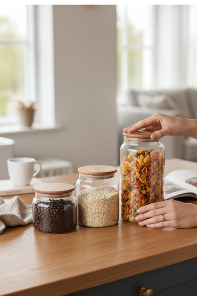 DükkanDa Bamboo Glass Jars with Lids 500 ml / 890 ml / 1000 ml – Multi-Purpos...