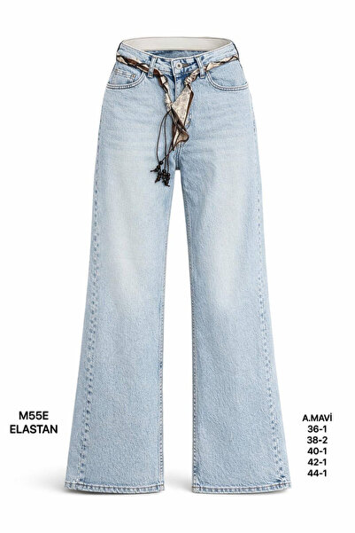 Miss Poem Women's Light Blue Belt Detail High Waist Wide Leg Jean Trousers