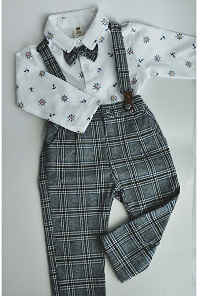 ToffyHouse Baby Formal Shirt & Checkered Suspender Pants Set with Bow Tie