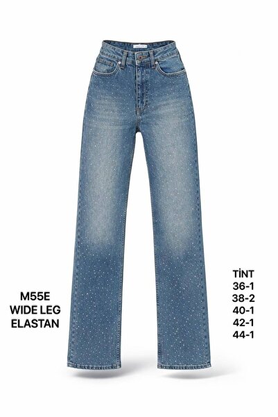 Miss Poem Pantaloni de damă Tint Blue cu pietre aplicate cu picior larg