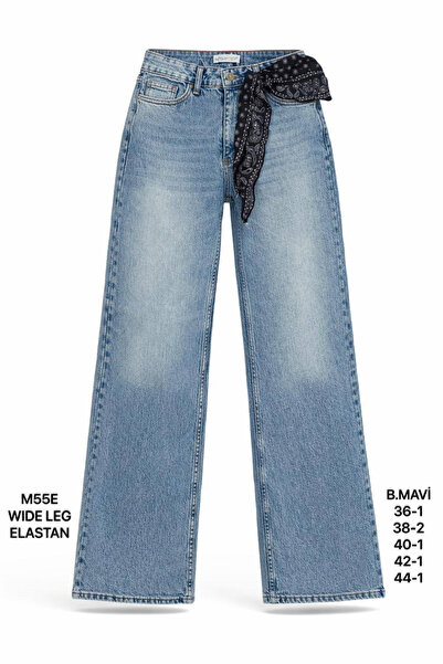 Miss Poem Women's Ice Blue High Waist Wide Leg Jean Pants with Scarf