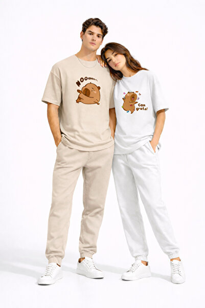 NEVERMIND Sevgili Kombini Cute Bear με τύπωμα Ζευγάρια T-Shirt oversized Unis...