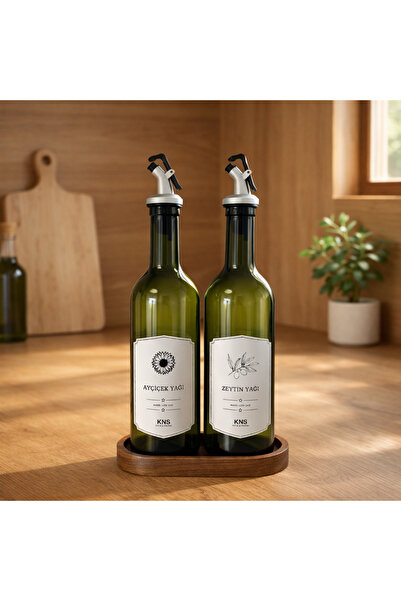 Durina Living Set of 2 Vintage Green Glass Oil Bottles with Acacia Stands – L...
