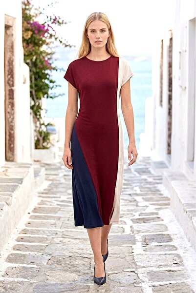 AYASOFYA OTANTIK Women's Round Neck Paneled Short Sleeve Dress