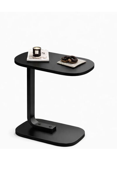 TSUMAB Modern C-Shaped Side Table – Black MDF Sofa Side Table with Carbon Ste...