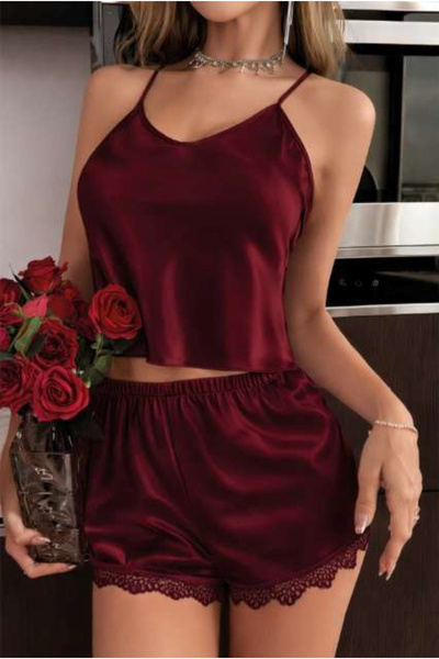 Viselya Lace Detailed Satin Shorts Set