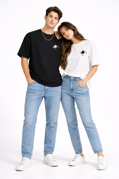 NEVERMIND Tricou pentru cupluri Lover Combination Minimal Space Planet cu imp...