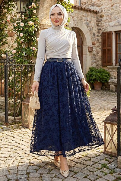 MODA 👉 Kadın Yüksek Bel Kemerli Dantel Detaylı Uzun Etek Şık Tesettür Etek