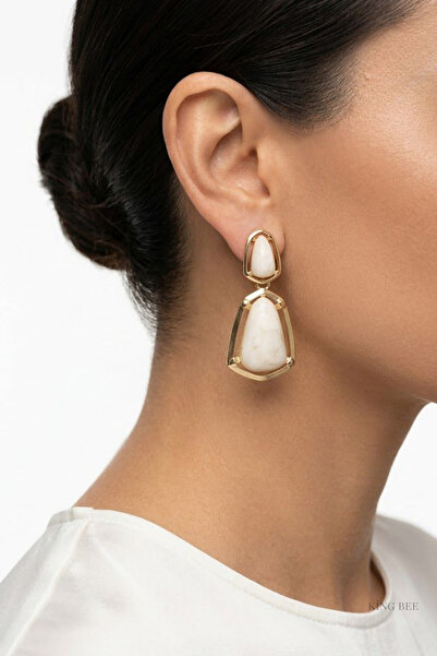 King Bee Gold Framed Cream Color Drop Stone Dangle Earrings |   Art Deco Vint...