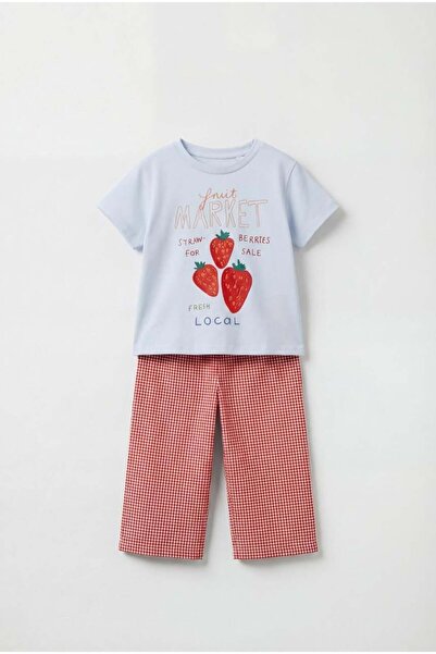Magu Girl's Cotton Piece Light Blue Strawberry Printed T-Shirt and Red Gingha...