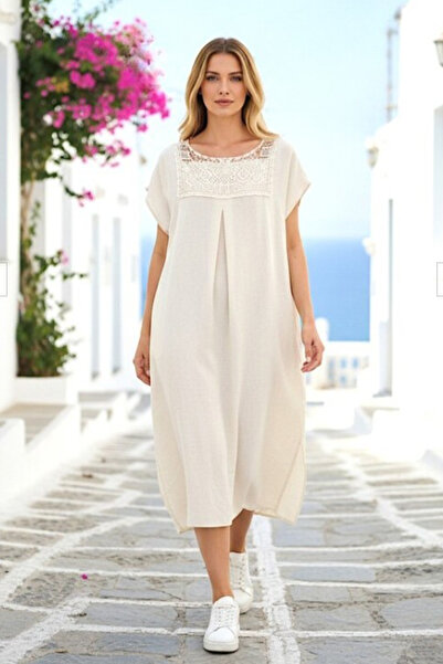 AYASOFYA OTANTIK Women's Beige Lace Guipure Detailed Oversized 100% Raw Short...