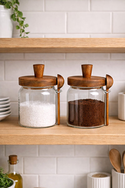 Paşabahçe 2'li Akasya Kapaklı Kaşıklı Vakumlu Cam Baharatlık Seti (450ml)