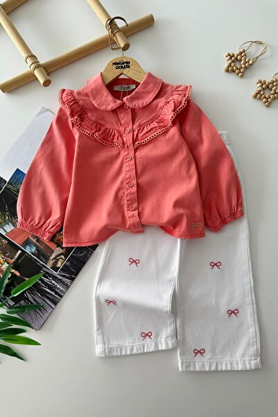 Minigimin Cicileri My Little One's Ruffle Collar Bow Embroidered Girls' Shirt...