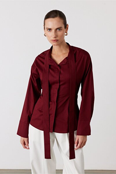 FACETTE Scarf Belted Waist Shirt Burgundy