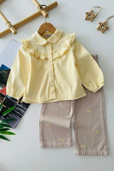 Minigimin Cicileri My Little One's Ruffle Collar Bow Embroidered Girls' Shirt...