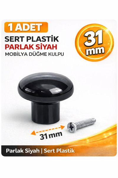 BAGAX Mobilya Düğme Kulpu 31 mm Parlak Siyah Plastik Dolap Çekmece Kapak Kulb...