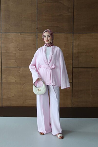 Miss Beyoğlu Women's Belted Shirt and Trousers Modal Fabric Set