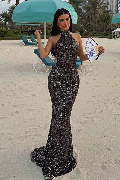 Eyyo Rochie lungă cu paiete aurii și guler halter ATE-3492