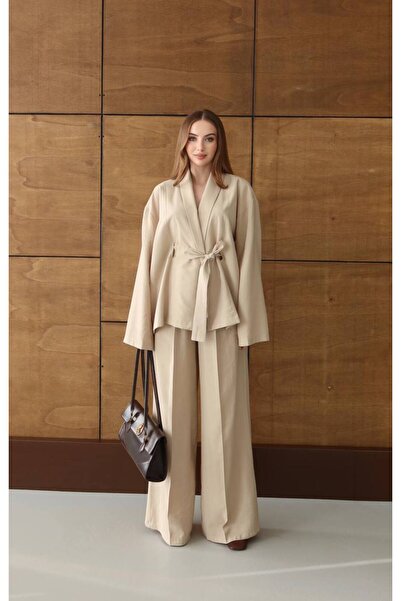 Miss Beyoğlu Women's Belted Shirt and Trousers Modal Fabric Set