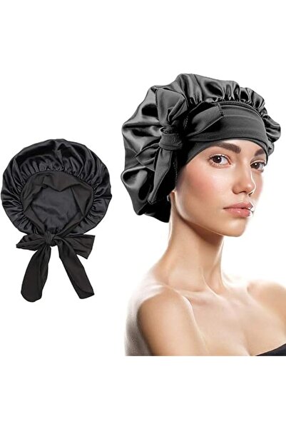 Arabest قبعة نوم حرير ، قبعة شعر من الساتان، قبعة شعر عريضة، لفّ رأس أسود برباط