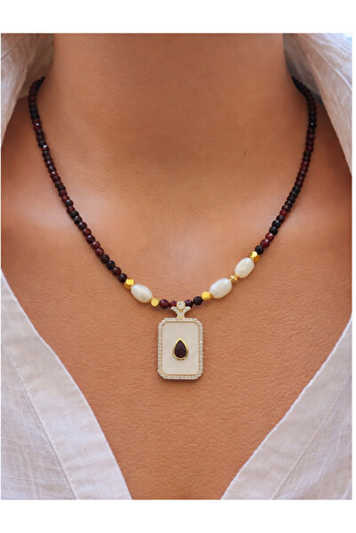 elinasaccessories Garnet Taşı İnci Kolye 14K Altın Kaplama El Yapımı Doğal Ta...