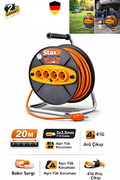 STAXX POWER Metal Gövdeli Makaralı Uzatma Kablosu 20M 3x2.5 mm 4 Prizli Şanti...