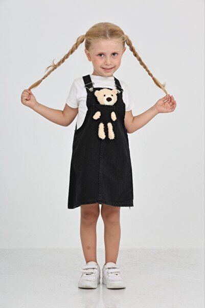 MİNİK DÜŞLER Kız Çocuk Siyah Salopet Elbise Ayıcık Figürlü