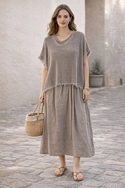 MERİDE Bohemian Linen Textured Casual Dress