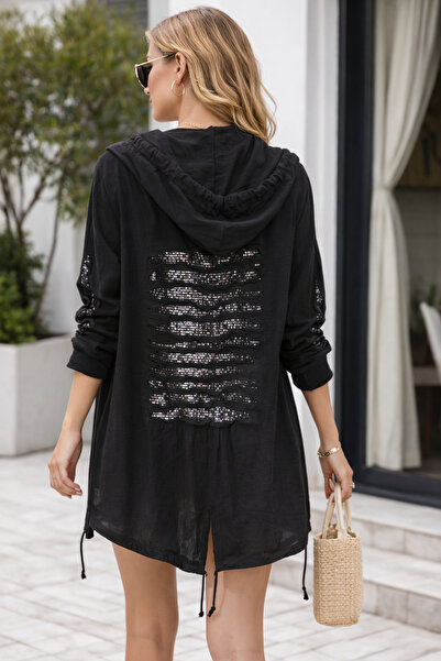 MERİDE Kadın Pullu Kapüşonlu Siyah İnce Keten Hırka