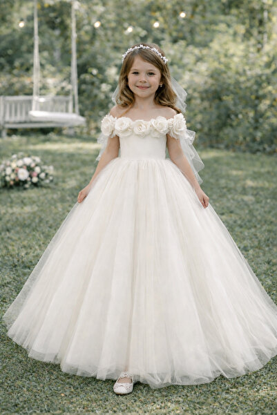 FERA Prenses kabarık gül detaylı çocuk abiye elbise