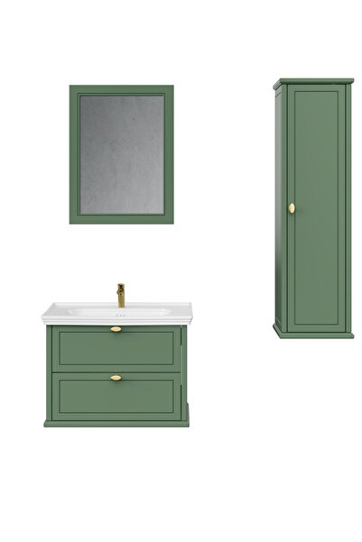 Creavit Antik İki Çekmeceli 80 Cm Zeytuni Lavabo Dolabı Seti