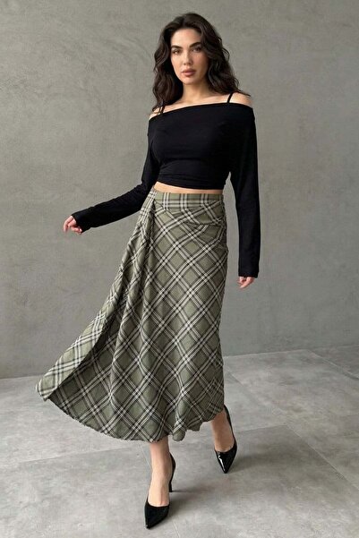 Madmext Green Plaid Patterned Slit Detailed Double-Breasted Midi Women's Skir...