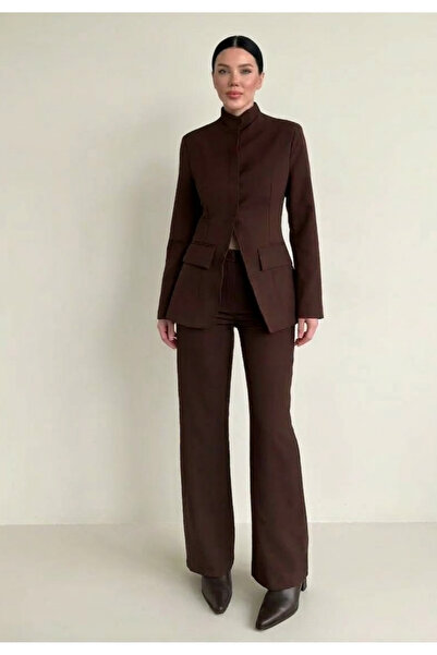 My Blog Brown Hakim Collar Jacket and Pants Set - 7100