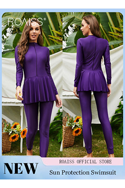 ROAISS Women Conservative Solid Swimsuit Set Muslim Sun Protection Swimwear S...