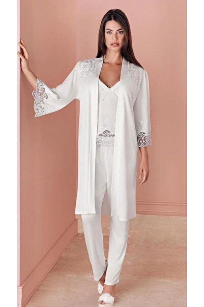 Espuar Women's Dressing Gown Lace Detailed Long 3-Piece Maternity Pajama Set