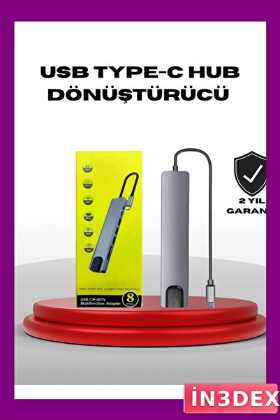 İN3DEX 8-in-1 Usb-C Hub 4K HDMI and Gigabit Ethernet Connection