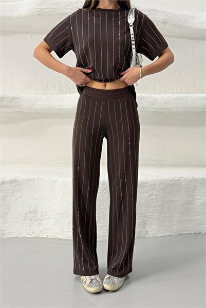 Neşeli Butik Women's Brown Stone Striped Detail Short Sleeve Basic Double Set...