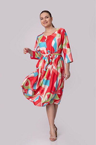 OEM Rochie office rosie cu imprimeuri geometrice albastre si cordon in talie