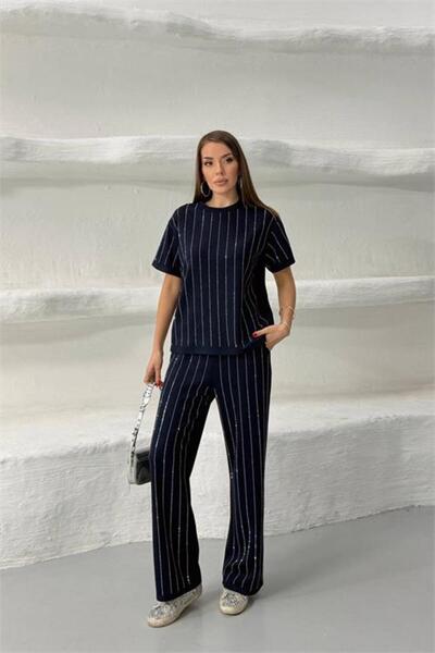 Neşeli Butik Women's Navy Blue Stone Striped Detail Short Sleeve Basic Double...