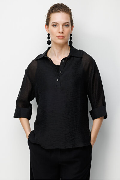 Desen Triko Women's Buttoned Collar Three-Quarter Sleeve Shirt Black