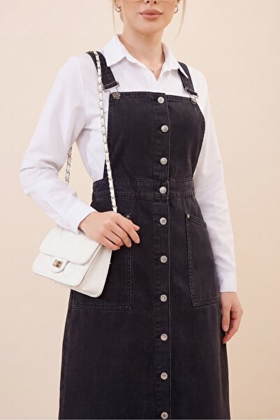 MissRunin Boydan Düğmeli çift Cepli Kot Salopet